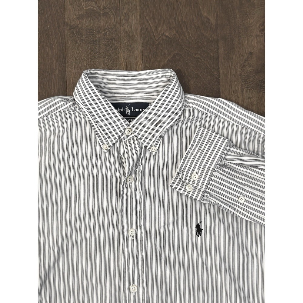 Ralph Lauren Men Button Down White Striped Shirt 16 34/35 Black Pony Long Sleeve
